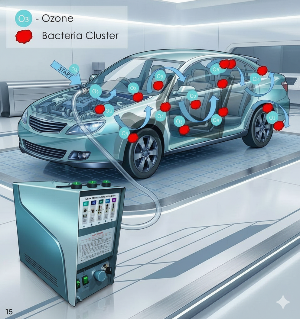 Ozone treatment illustration showing machine and car cabin sanitization
